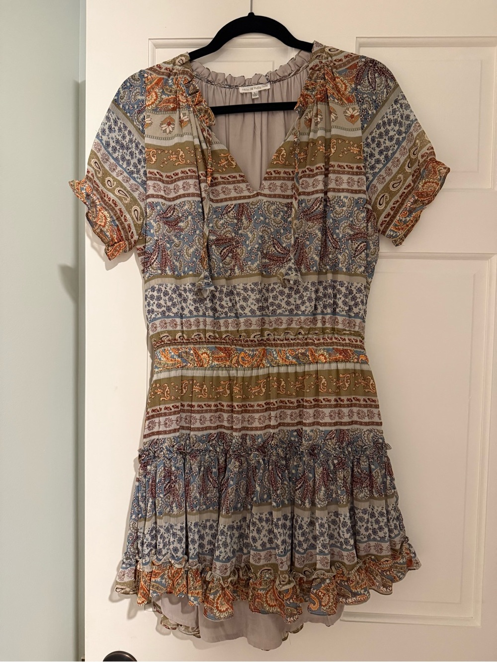 Boho Paisley Short Sleeve Cinched Mini Dress in Olive & Blue and Rust